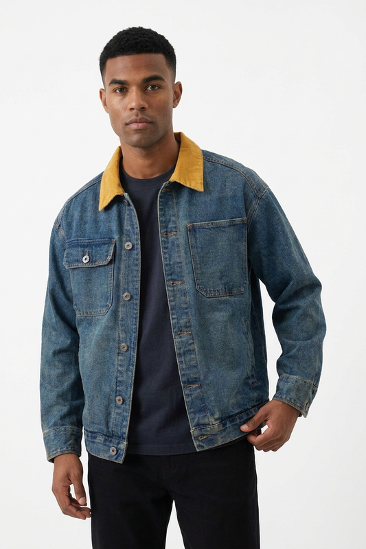 Men's Retro Wash Yellow Corduroy Collar Denim Jacket