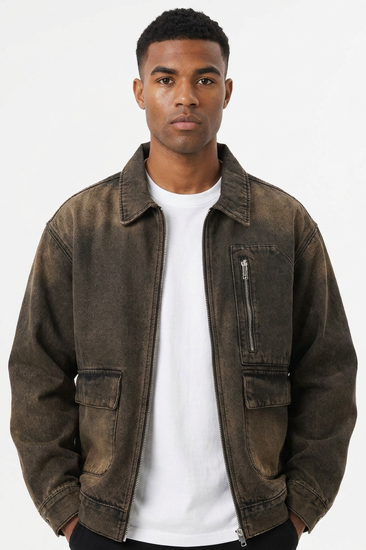 Men's Vintage Wash Loose Fit Utility Denim Jacket