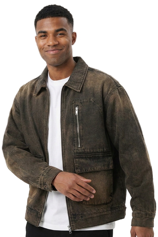 Men's Vintage Wash Loose Fit Utility Denim Jacket