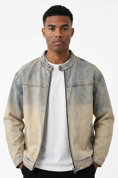 Men's Retro Faded Zip-Up Denim Jacket