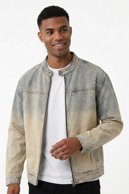 Men's Retro Faded Zip-Up Denim Jacket