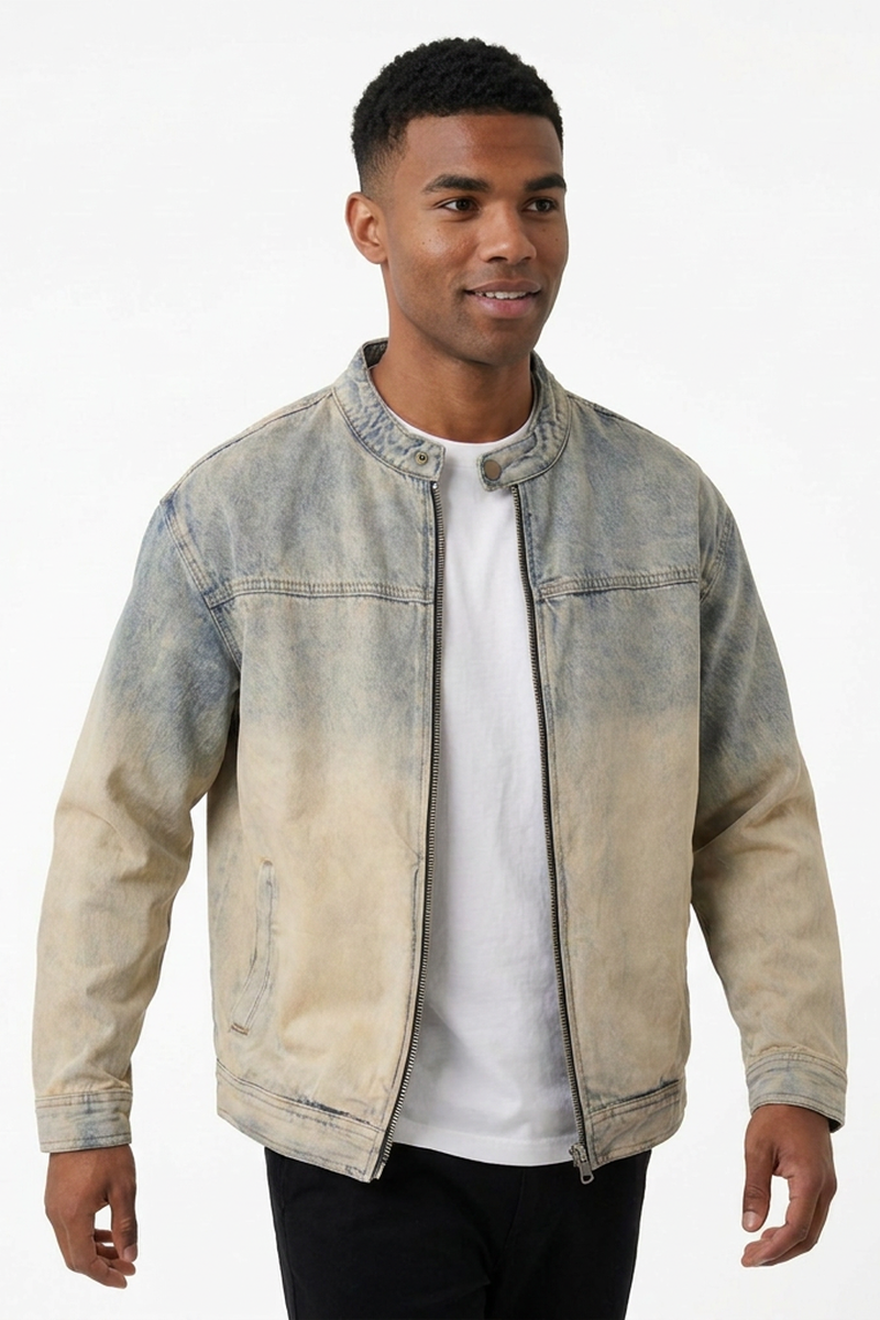 Men's Retro Faded Zip-Up Denim Jacket