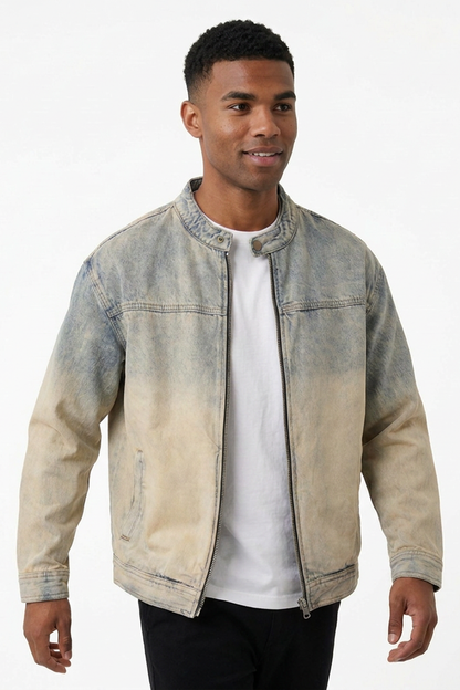 Men's Retro Faded Zip-Up Denim Jacket