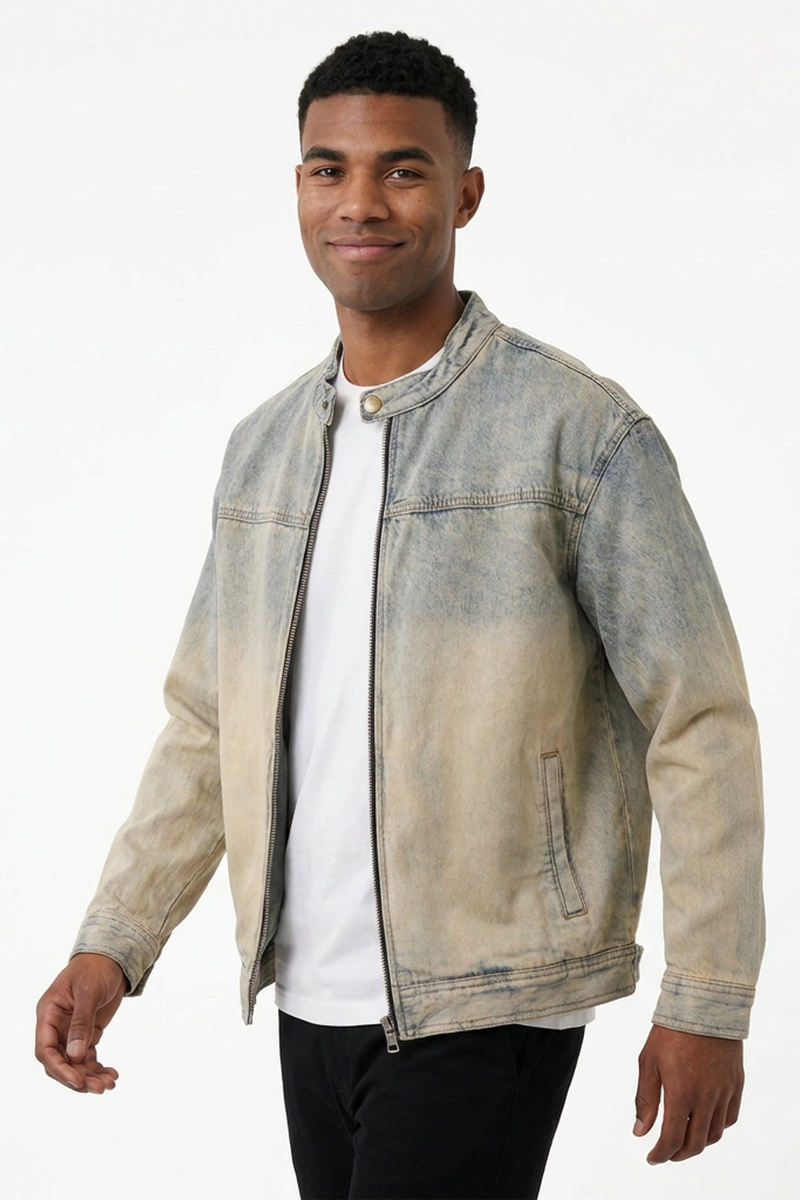 Men's Retro Faded Zip-Up Denim Jacket