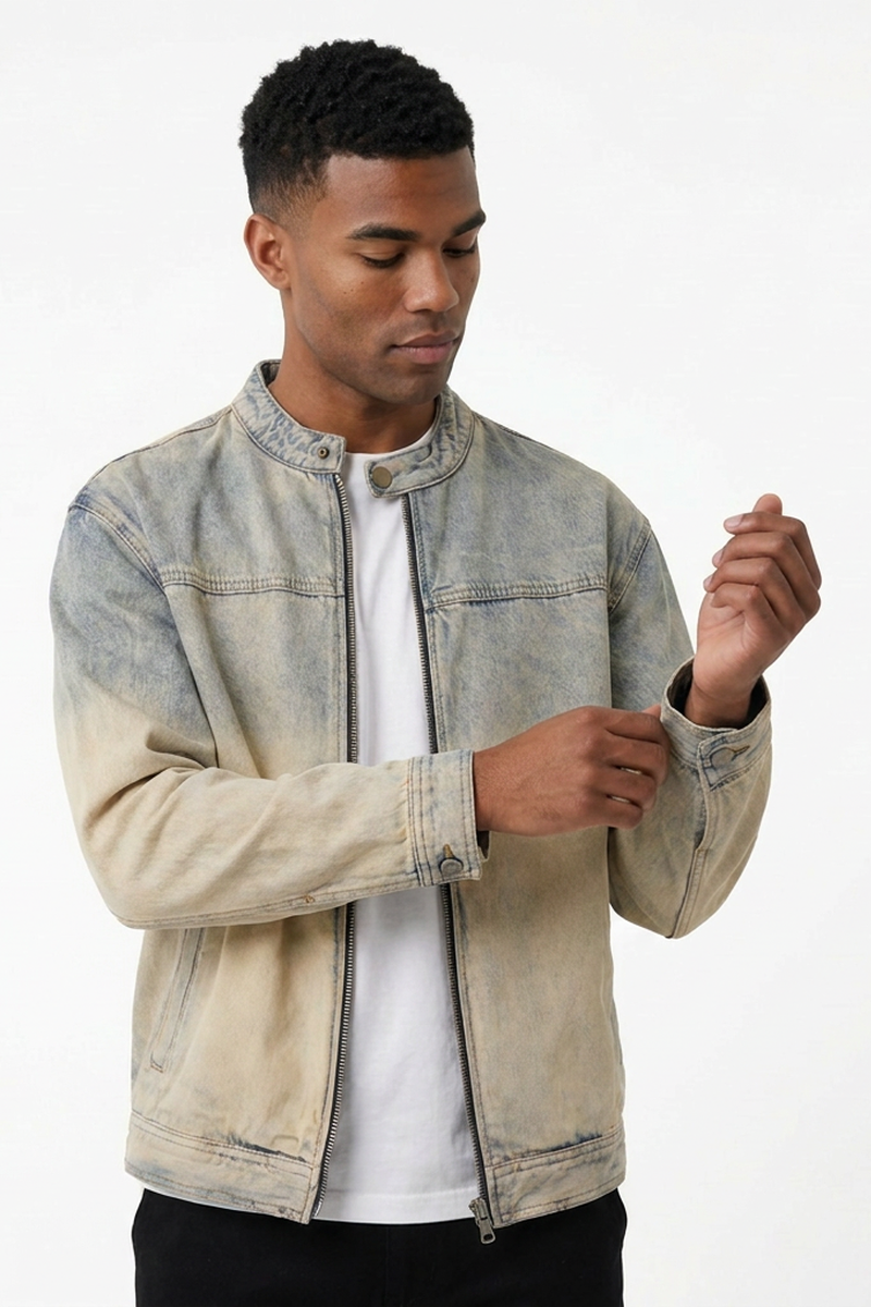 Men's Retro Faded Zip-Up Denim Jacket