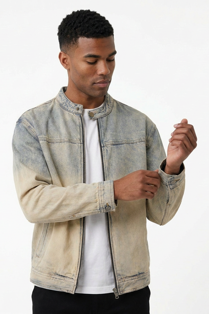 Men's Retro Faded Zip-Up Denim Jacket