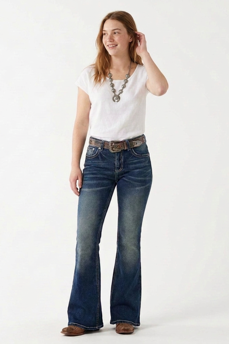 Women's High-Waisted Retro Butterfly Embroidered Flare Jeans