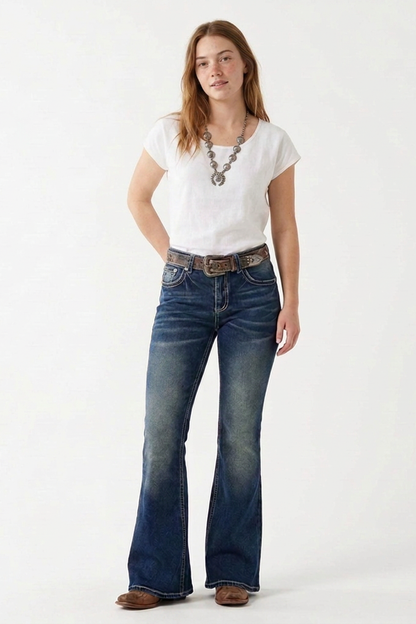 Women's High-Waisted Retro Butterfly Embroidered Flare Jeans