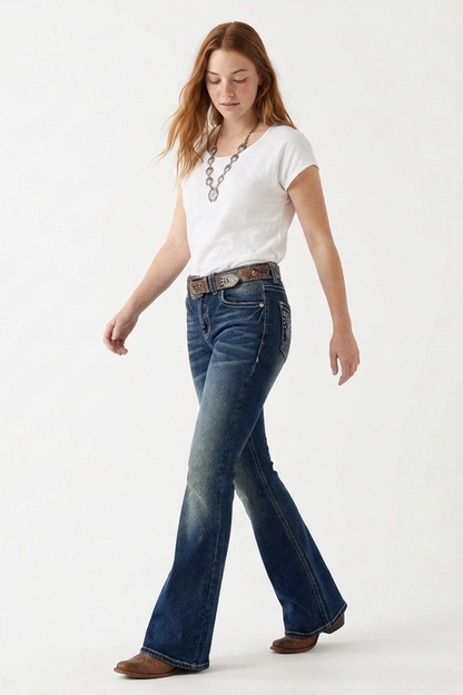 Women's High-Waisted Retro Butterfly Embroidered Flare Jeans