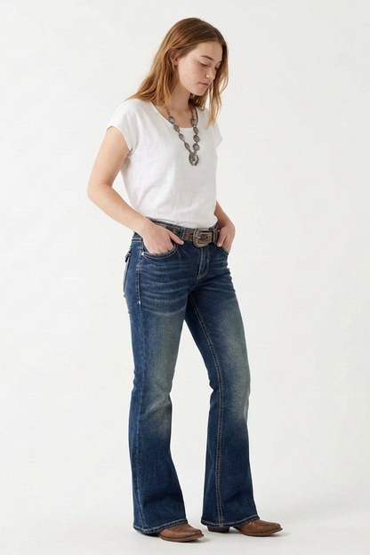 Women's High-Waisted Retro Butterfly Embroidered Flare Jeans