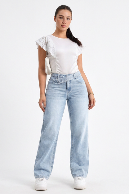 Women's Vintage Wash Straight Jeans with Unique Waistband
