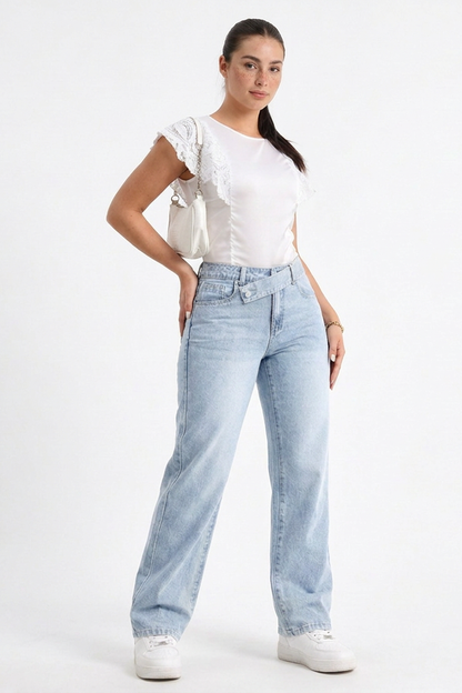 Women's Vintage Wash Straight Jeans with Unique Waistband