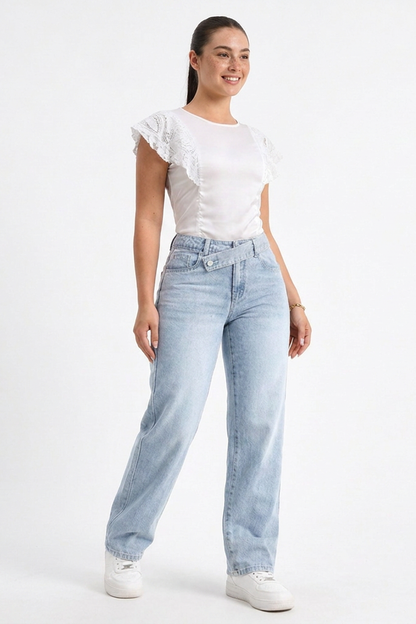 Women's Vintage Wash Straight Jeans with Unique Waistband
