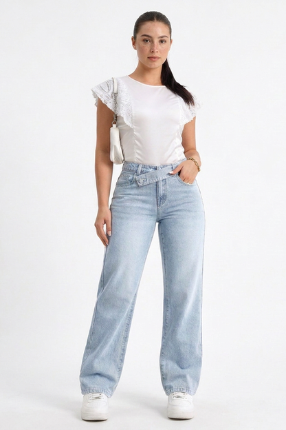Women's Vintage Wash Straight Jeans with Unique Waistband