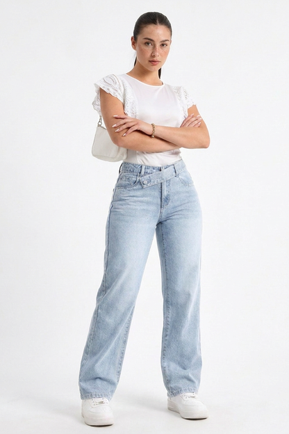 Women's Vintage Wash Straight Jeans with Unique Waistband