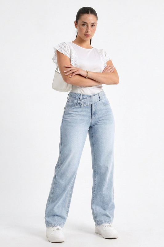 Women's Vintage Wash Straight Jeans with Unique Waistband