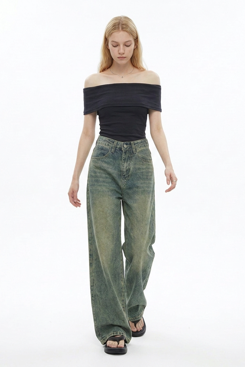 Women's Vintage Faded Relaxed Fit Wide-Leg Jeans