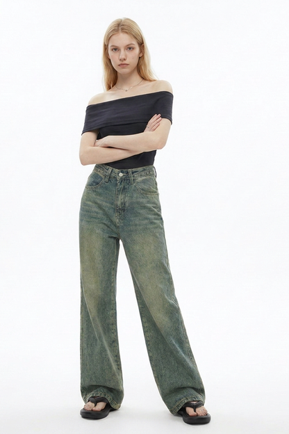 Women's Vintage Faded Relaxed Fit Wide-Leg Jeans