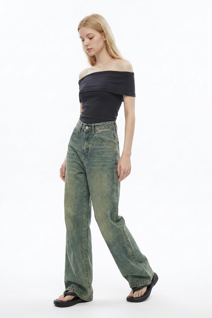 Women's Vintage Faded Relaxed Fit Wide-Leg Jeans