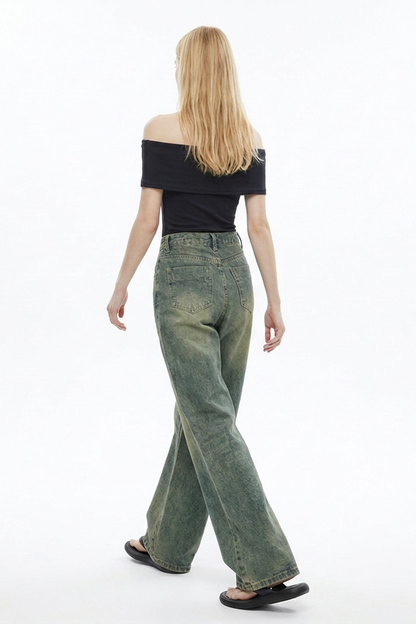 Women's Vintage Faded Relaxed Fit Wide-Leg Jeans