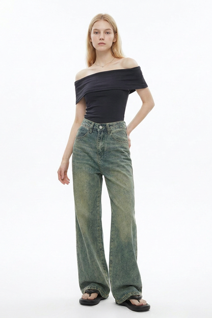 Women's Vintage Faded Relaxed Fit Wide-Leg Jeans