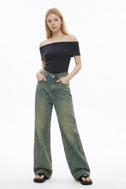 Women's Vintage Faded Relaxed Fit Wide-Leg Jeans