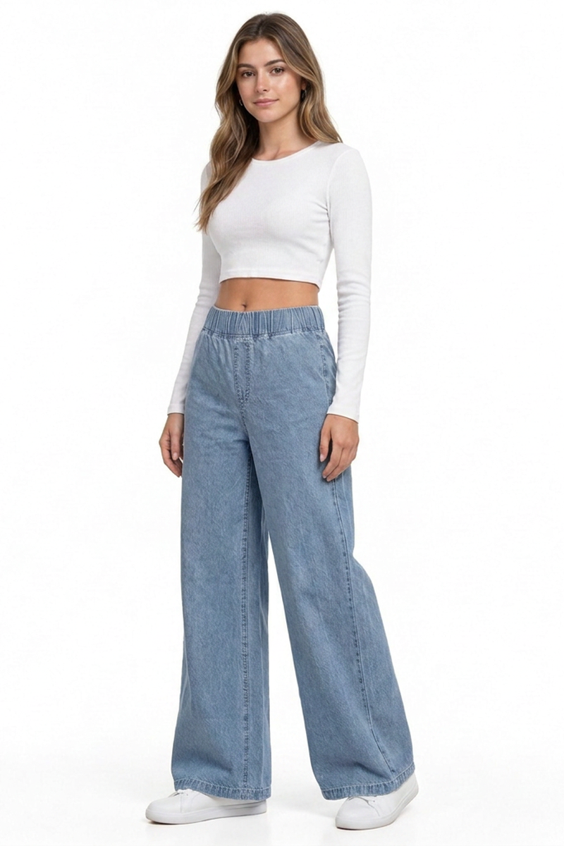 Women's Vintage Wash Elastic Waist Wide-Leg Denim