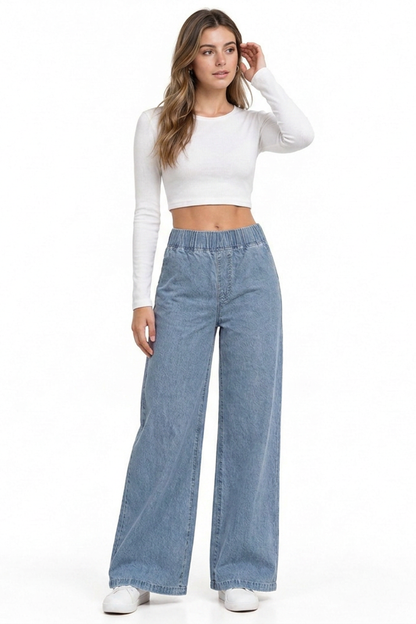Women's Vintage Wash Elastic Waist Wide-Leg Denim