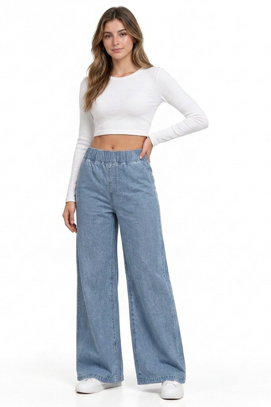 Women's Vintage Wash Elastic Waist Wide-Leg Denim