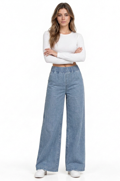 Women's Vintage Wash Elastic Waist Wide-Leg Denim