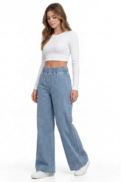 Women's Vintage Wash Elastic Waist Wide-Leg Denim