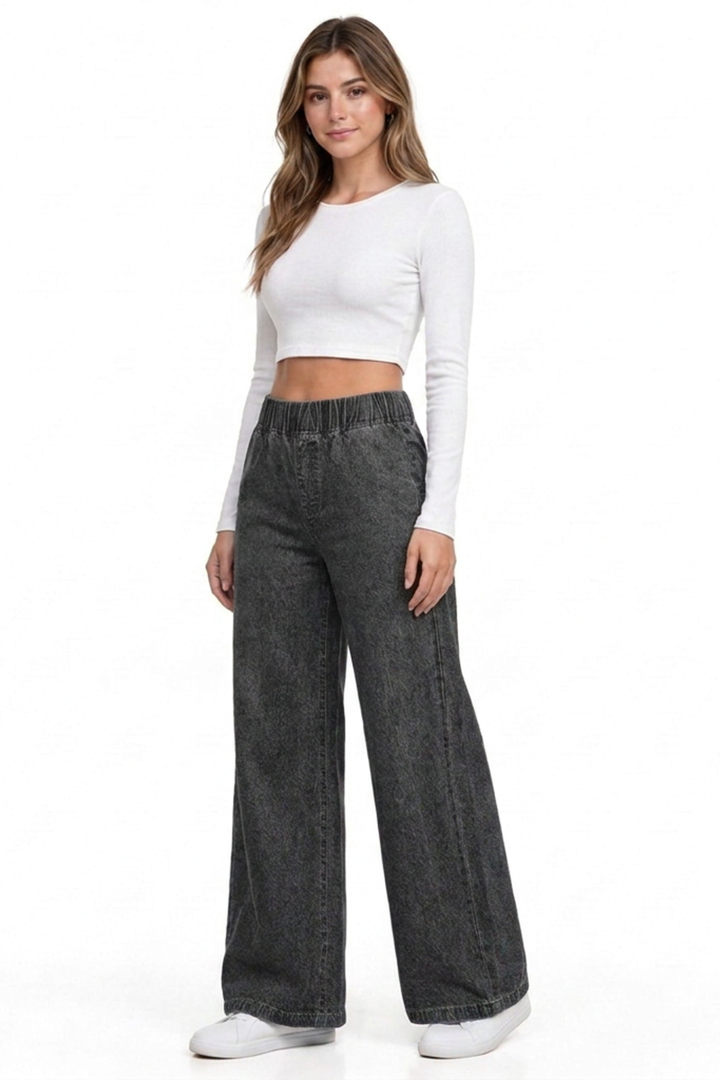 Women's Vintage Wash Elastic Waist Wide-Leg Denim