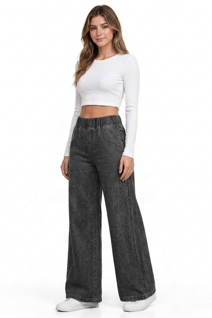 Women's Vintage Wash Elastic Waist Wide-Leg Denim