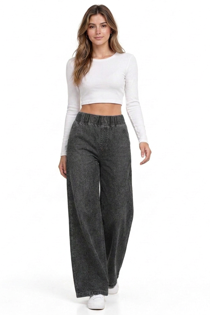 Women's Vintage Wash Elastic Waist Wide-Leg Denim