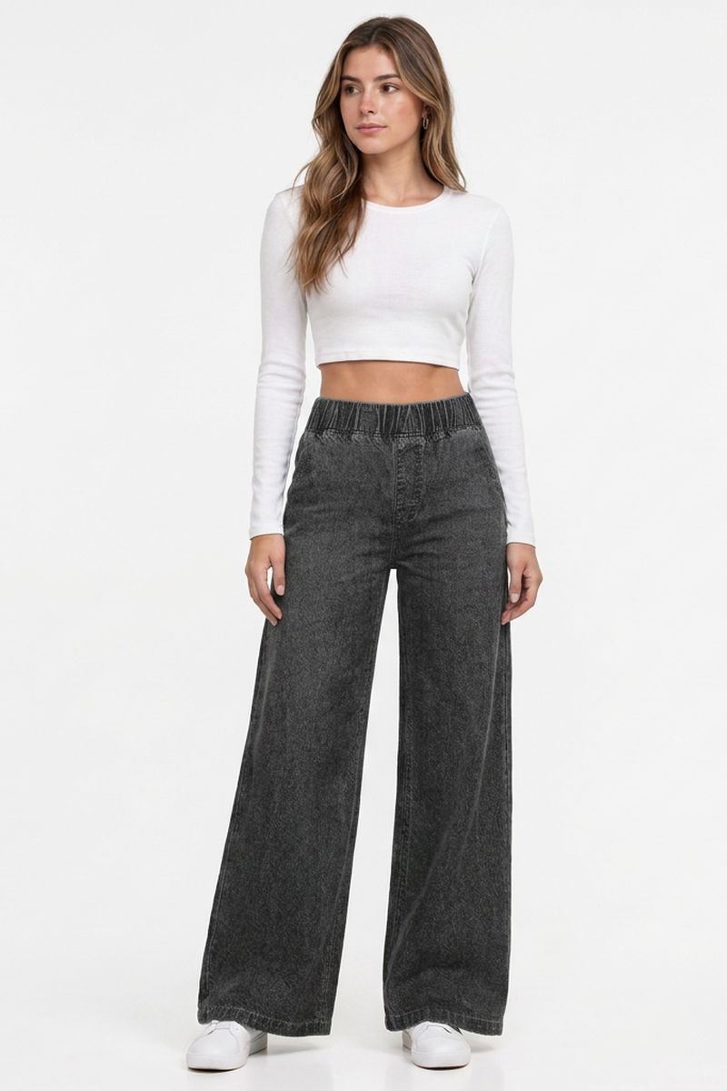 Women's Vintage Wash Elastic Waist Wide-Leg Denim