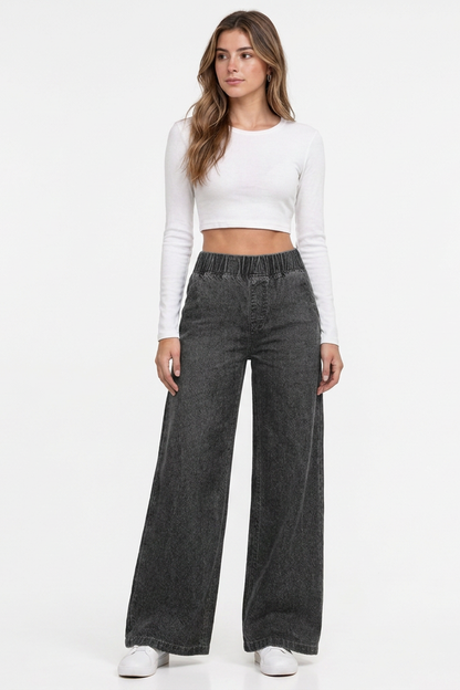 Women's Vintage Wash Elastic Waist Wide-Leg Denim