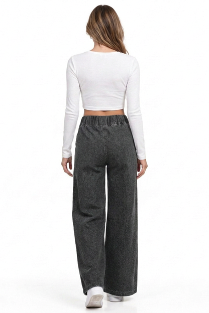 Women's Vintage Wash Elastic Waist Wide-Leg Denim