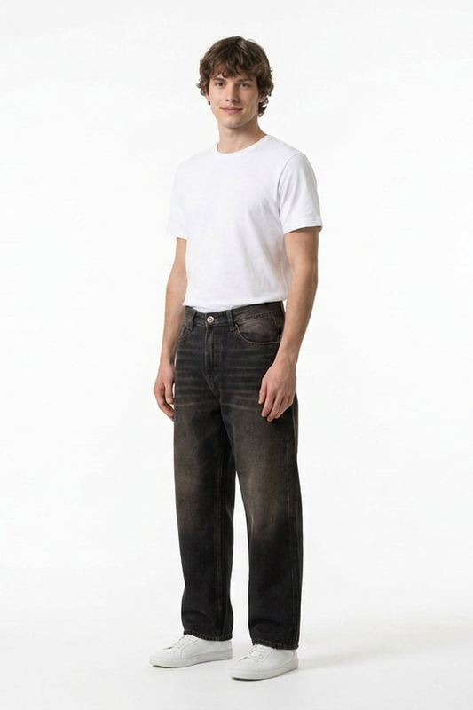 Men's Retro Black Baggy Straight-Leg Jeans