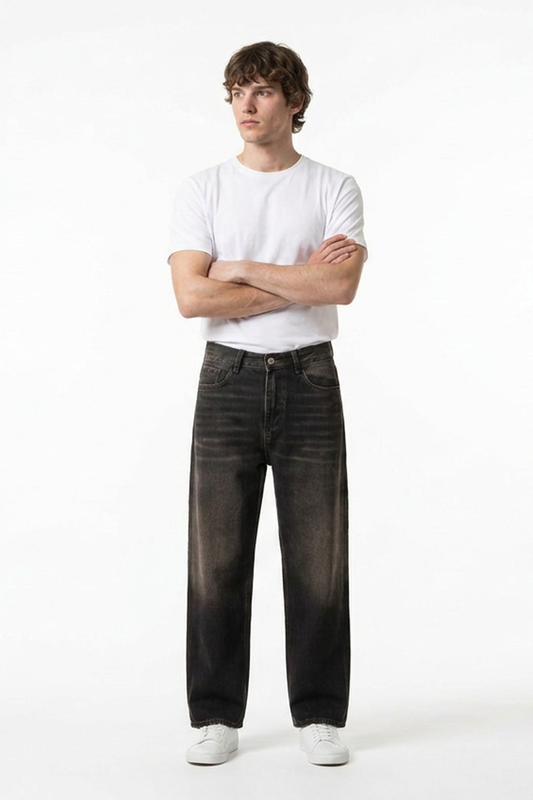 Men's Retro Black Baggy Straight-Leg Jeans