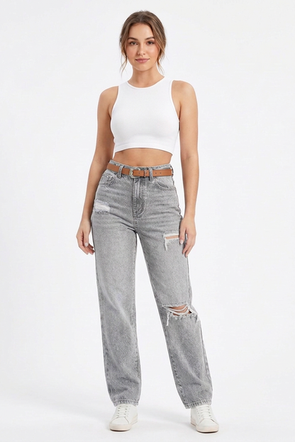 Women's High-Waisted Wash Ripped Straight-Leg Jeans