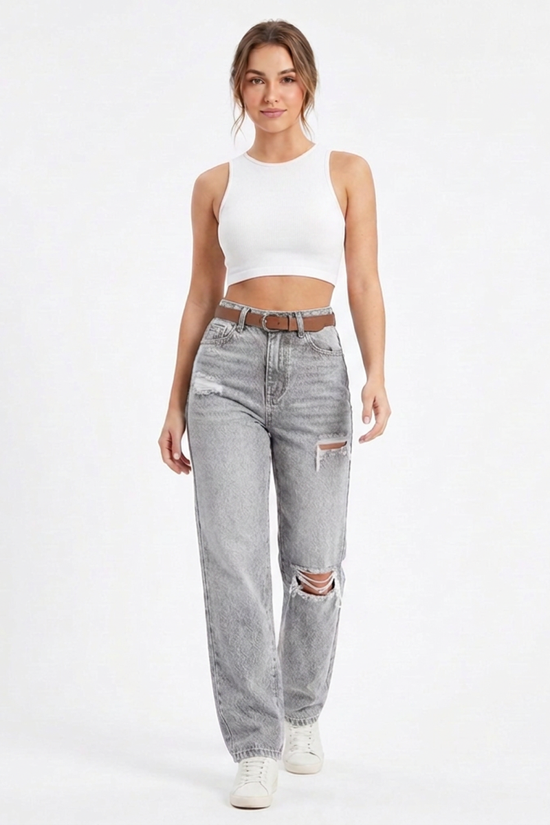 Women's High-Waisted Wash Ripped Straight-Leg Jeans