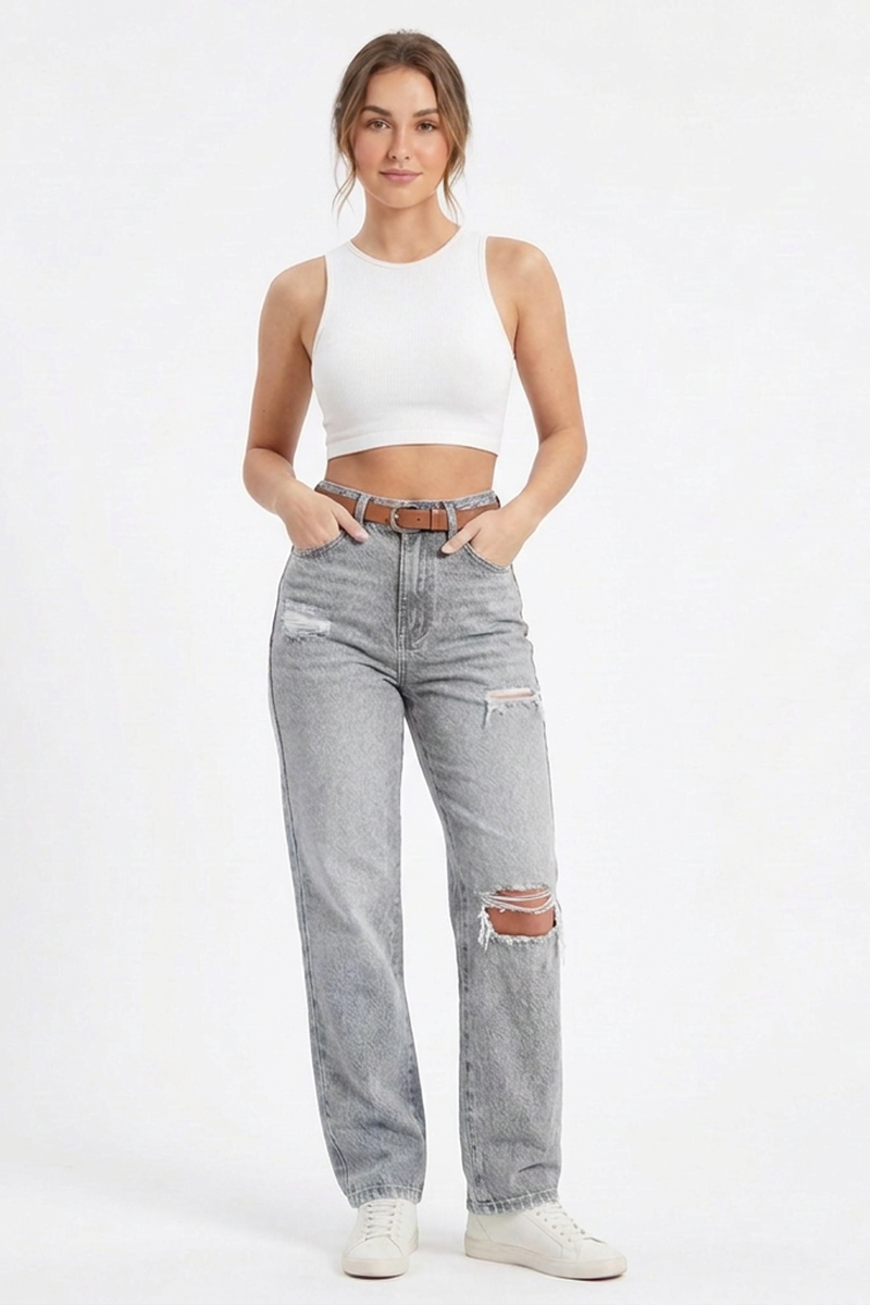 Women's High-Waisted Wash Ripped Straight-Leg Jeans