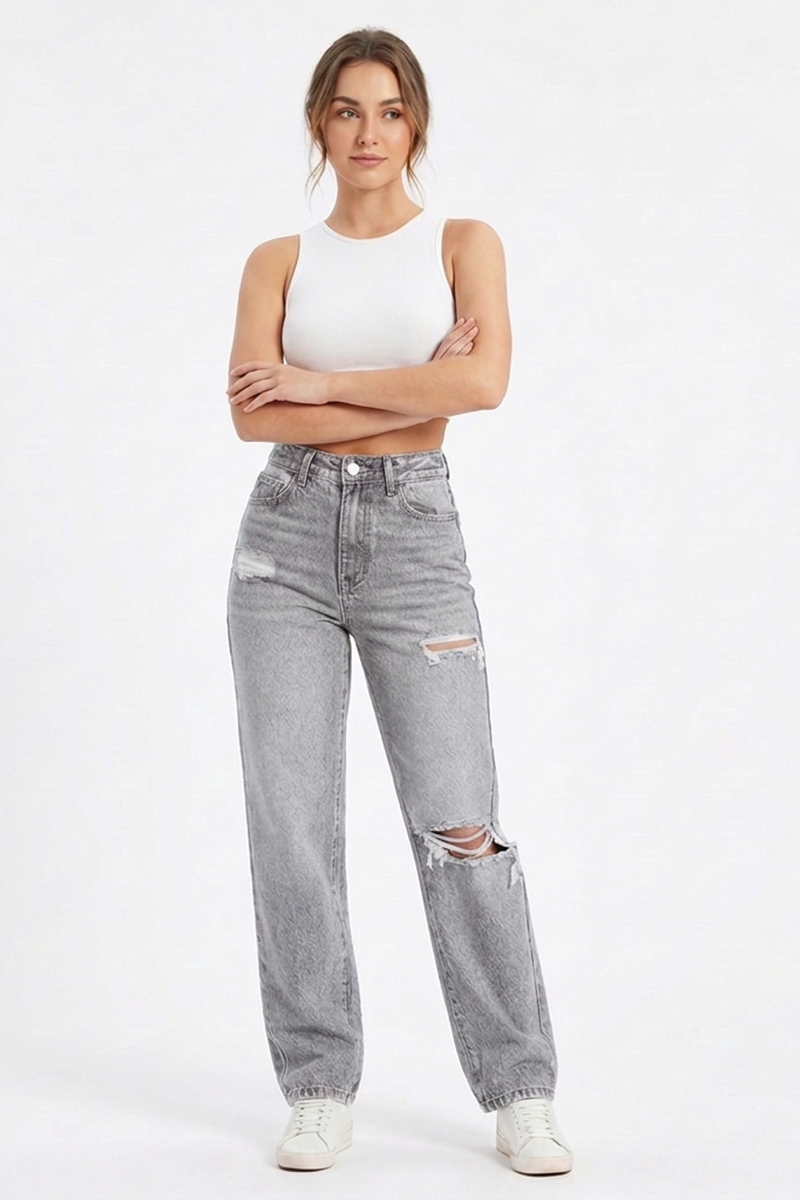 Women's High-Waisted Wash Ripped Straight-Leg Jeans