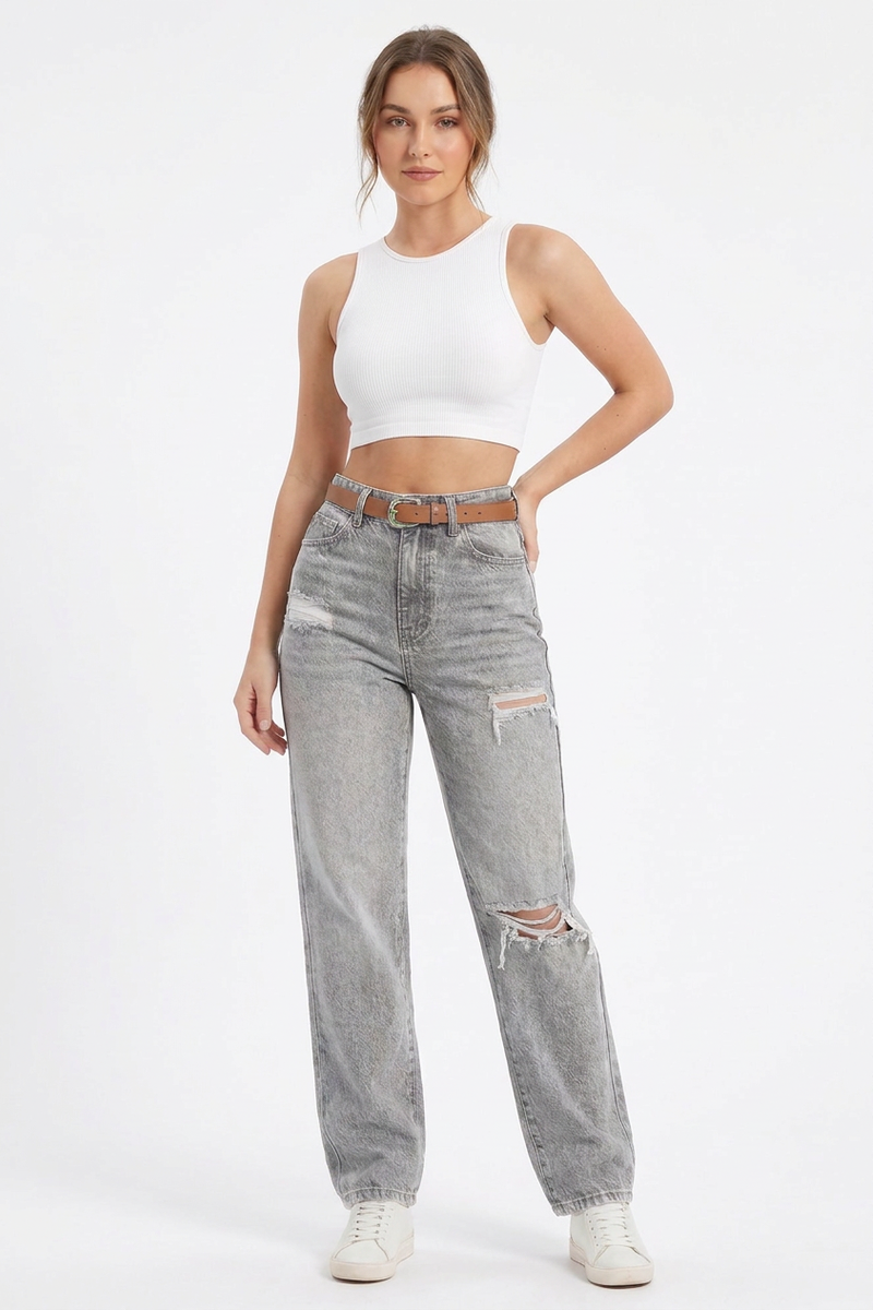 Women's High-Waisted Wash Ripped Straight-Leg Jeans