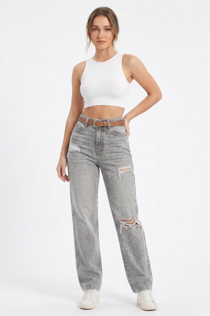 Women's High-Waisted Wash Ripped Straight-Leg Jeans