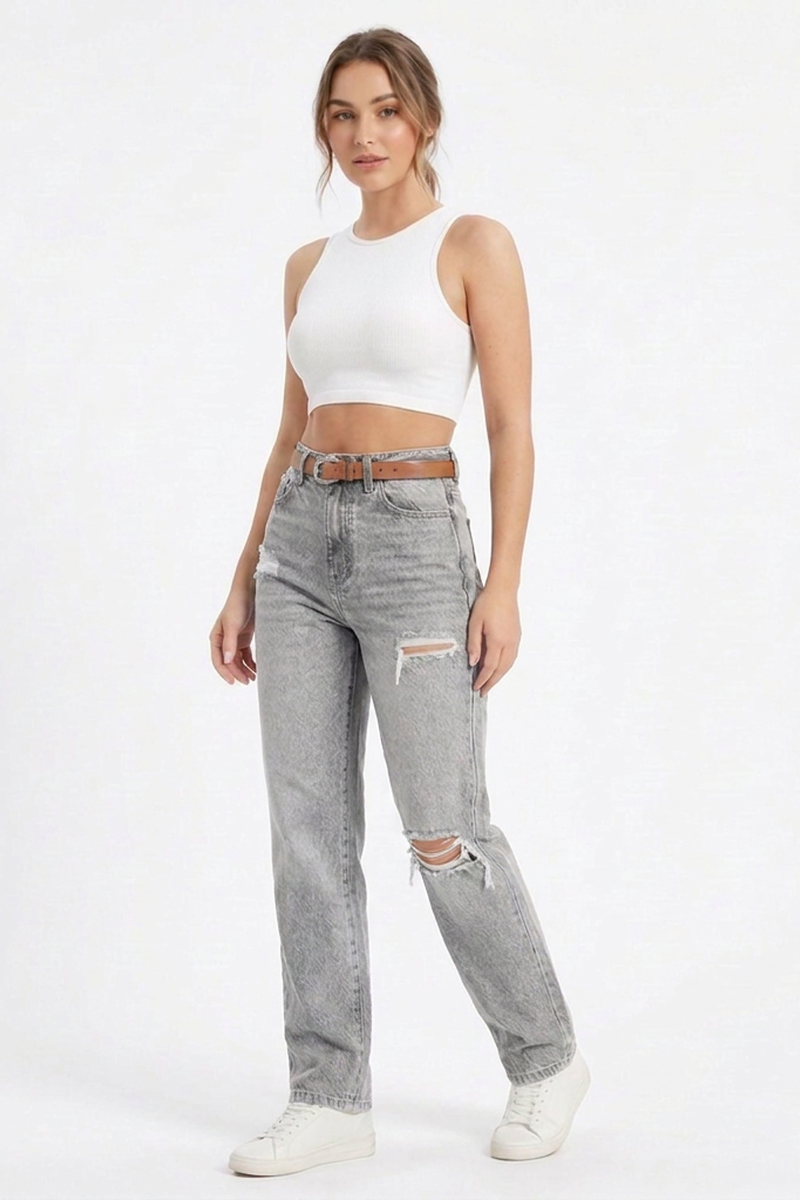 Women's High-Waisted Wash Ripped Straight-Leg Jeans
