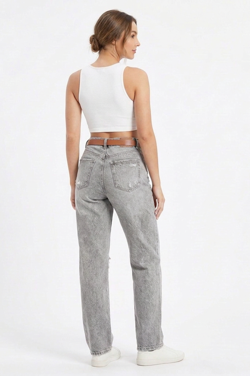 Women's High-Waisted Wash Ripped Straight-Leg Jeans