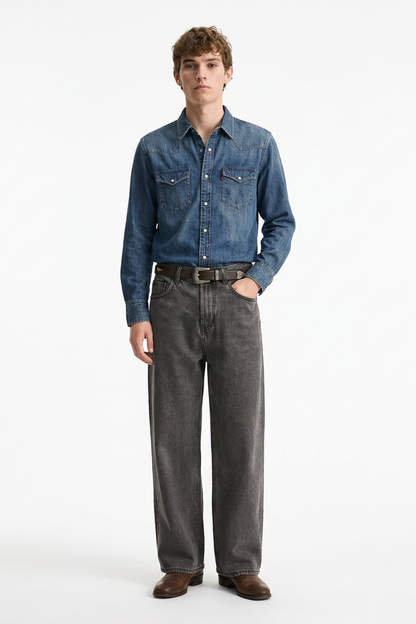 Men's Vintage Wash Soft Grey Baggy Straight-Leg Jeans