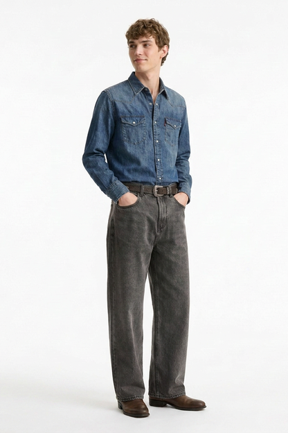 Men's Vintage Wash Soft Grey Baggy Straight-Leg Jeans