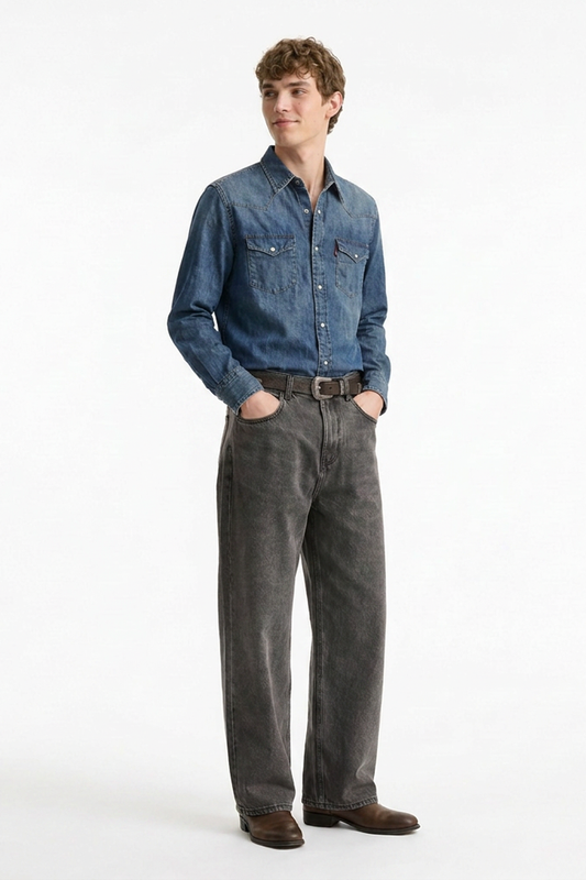 Men's Vintage Wash Soft Grey Baggy Straight-Leg Jeans